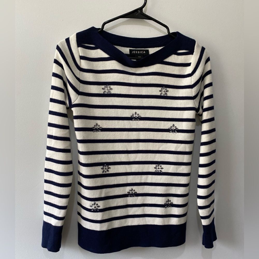 Jessica navy sweater with jewel flowers